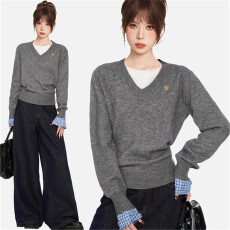 批发2026春季V领假两件长袖针织毛衣女秋季秋冬季短款内搭打底衫
