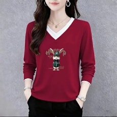 批发纯棉长袖T恤女春秋新款插色假两件宽松显瘦圆领<b class='q'>上衣</b>