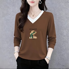 批发纯棉长袖T恤女春秋新款插色假两件宽松显瘦圆领<b class='q'>上衣</b>