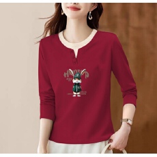 批发纯棉长袖T恤女春秋新款插色假两件宽松显瘦圆领<b class='q'>上衣</b>