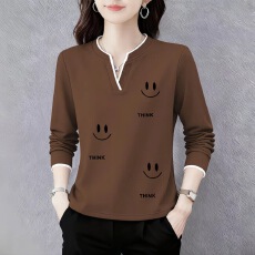 批发纯棉长袖T恤女春秋新款插色假两件宽松显瘦圆领<b class='q'>上衣</b>