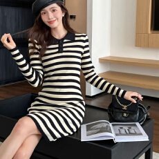 批发小个子减龄POLO领长袖针织裙女装2026年春季设计感<b class='q'>条纹</b>连衣裙裙子