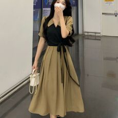 批发捻丝法式茶歇连衣裙女夏季显瘦遮肉气质大码女神<b class='q'>范</b>撞色假两件裙