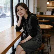 批发两件套马甲连衣裙女2026春秋季新款<b class='q'>时尚</b>连帽套装显瘦妈妈减龄裙子