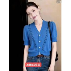 批发高级感克莱因蓝镂空设计<b class='q'>针织</b>开<b class='q'>衫</b>女2026夏季新款小众独特别致上衣