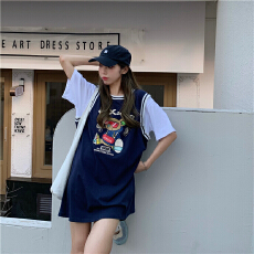 批发假两件短袖t恤女夏新款宽松bf百搭小熊中长款大码印花休闲<b class='q'>棒球</b>服