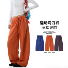 65%棉 美式秋冬新款高腰抽绳休闲运动卫裤弯刀女裤