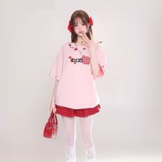 批发麂皮绒面料 猫咪短袖T恤女夏季新款宽松bf美式甜酷风上衣ins