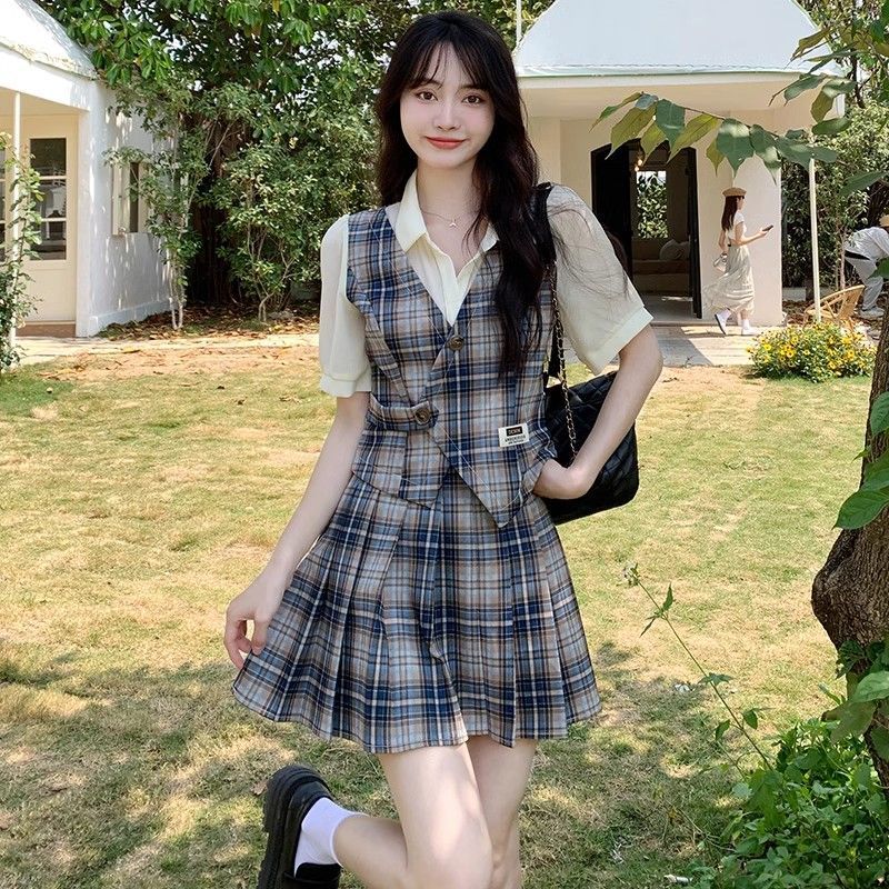 FA33101# 夏季新学院风套装遮肉格子百褶裙两件套显瘦气质小众特色高级 服裝批發女裝批發服飾貨源