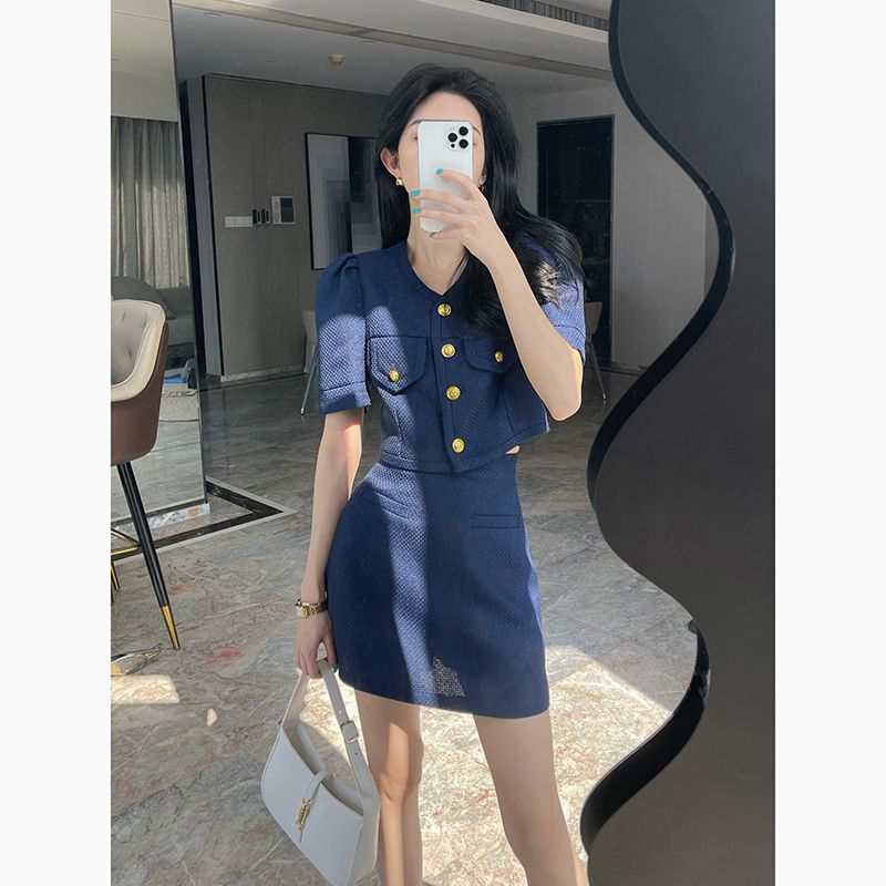 FA33091# 藏蓝色小香风套装女法式夏季新款小个子时尚洋气半身裙小衫两件套 服裝批發女裝批發服飾貨源