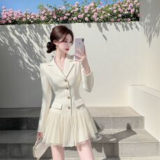 批发2025网红新品小香风拼接西装连衣裙女法式春<b class='q'>夏</b>新款裙子气质百褶裙