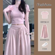 批发温柔风显瘦圆领<b class='q'>T</b><b class='q'>恤</b>短袖上衣套<b class='q'>装</b>女夏盐系穿搭高腰阔腿长<b class='q'>裤</b>两件套