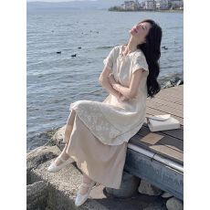 批发新中式国风禅意叠穿连衣裙套装女夏高端刺绣<b class='q'>蕾丝</b><b class='q'>罩衫</b>半身裙两件套