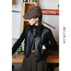 批发2025秋装新款单排扣pu皮马夹短款圆领马甲背心外套女上衣复古坎肩