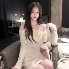 批发打底气质秋冬针织法式连衣裙时尚长袖新款露肩性感修身显瘦包臀裙