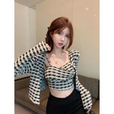 批发纯欲甜辣妹抹胸上衣女秋季小香风格子开衫外搭吊带<b class='q'>背心</b><b class='q'>露</b><b class='q'>脐</b>两件套