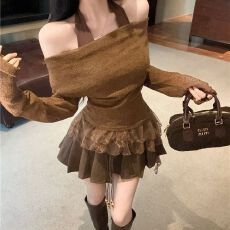 批发新款小众荡领蕾丝衫设计感挂脖<b class='q'>蕾丝拼接</b>长袖上衣减龄半身裙三件套