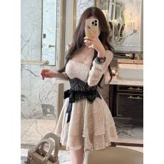 批发【盛会序曲】法式初恋千金长袖时尚<b class='q'>撞色</b>显瘦蕾丝<b class='q'>连衣裙</b>女冬新款