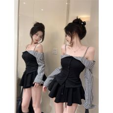 批发辣妹风黑色格子拼接时尚套装女早秋<b class='q'>一字肩</b>长袖吊带衬衫高腰半身裙