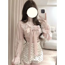 批发法式优雅氛围感蝴蝶结长袖<b class='q'>衬衫</b>上衣新款高腰显瘦<b class='q'>波点</b>短裤两件套装