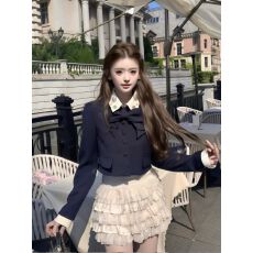 批发法式气质温柔风蝴蝶结<b class='q'>短款</b>长袖外套小个子显瘦蛋糕半身裙两件套女