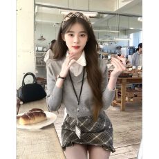 批发秋冬季新款韩系套装假两件修身显瘦针织长袖<b class='q'>上衣</b>格纹半身裙两件套