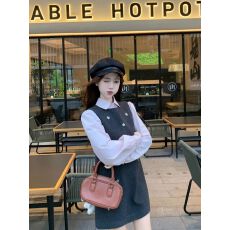 批发设计感减龄套装女早秋甜美粉色翻领内搭衬衫宽松背心短裙两件套潮