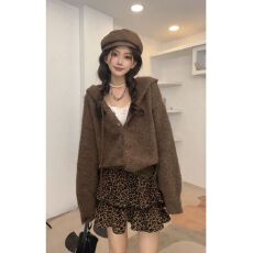 批发复古时尚慵懒风套装女宽松连帽毛衣开衫豹纹半身裙两件套<b class='q'>秋</b>冬新款