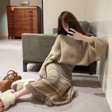 批发复古气质外搭套头针织网眼罩衫女秋氛围感<b class='q'>吊带</b>毛背心流苏<b class='q'>长裙</b>套装
