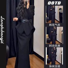 批发2025年春季高级感女神范黑色西装外套半身长裙气质两件套装女ins