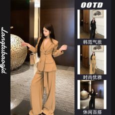 批发2025时尚卡其色气质西装领长袖外套女秋季高腰宽松休闲长裤两件套