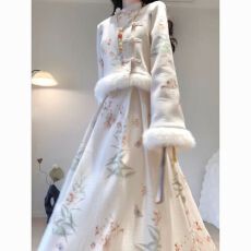 批发秋冬中式复古改良<b class='q'>旗袍</b>碎花连衣裙毛边拼接短款外套加绒加厚套装裙