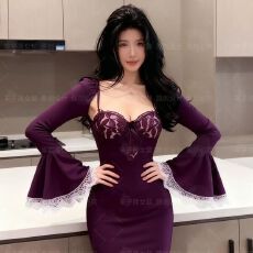 批发胖mm新款秋冬<b class='q'>性感</b>包臀长裙吊带长袖蕾丝显瘦修身气质紫色<b class='q'>连衣裙</b>