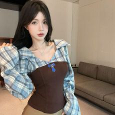 批发学院风假两件Polo领<b class='q'>格子</b><b class='q'>衬衫</b>女秋季巨好看绝美鱼骨上衣美拉德<b class='q'>衬衣</b>