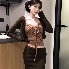 批发韩版轻熟风波点背心长袖开衫半身裙三件套女2025<b class='q'>秋</b>季新款纯欲套装