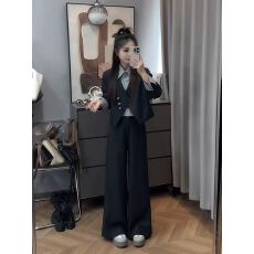 批发2025<b class='q'>秋</b>季新款时尚条纹翻领拼接假两件衬衫+高腰阔腿长裤两件套女