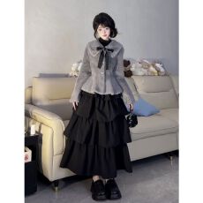 批发2025新款秋冬海军领收腰小香风毛毛外套气质淑女风<b class='q'>蓬蓬</b>蛋糕<b class='q'>裙套装</b>