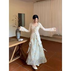 批发温柔国风荷叶设计感小众<b class='q'>衬衫</b>上衣秋季<b class='q'>碎花</b>春季半身裙中式套装