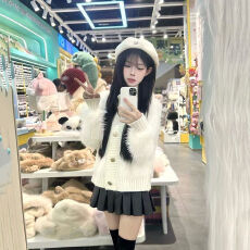 网红同款小香风仿水貂毛拼接针织上衣开衫外套女+高腰百褶裙套装