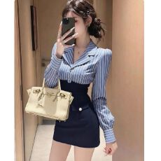 批发时尚<b class='q'>OL</b>性感都市女神包臀短裙高腰显瘦条纹<b class='q'>衬衫</b>裙秋季