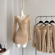 批发壹月柒 法式蕾丝连衣裙女2025秋季新款V领长袖<b class='q'>包臀</b>裙气质裙子