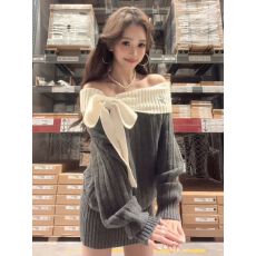 批发法式气质蝴蝶结一字肩设计感<b class='q'>包臀</b>裙女秋冬新款长袖显瘦毛衣连衣裙