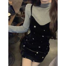 批发微胖MM小香风富家千金黑色丝绒吊带连衣裙女气质名媛春季套装裙