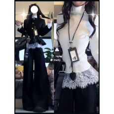 批发韩系2025新款香风穿搭秋冬外套毛呢<b class='q'>蕾丝</b>高腰打底三件套上衣阔腿裤