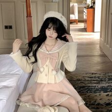 批发甜美可爱少女学院蝴蝶结制服上衣半裙半身裙套装秋冬季发货