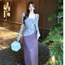 批发纯欲晕染<b class='q'>网纱</b>抽皱显瘦防晒衫上衣女开叉吊带连衣裙<b class='q'>长裙</b>洋气两件套