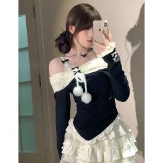 批发纯欲风一字肩拼接上衣秋冬新款甜美显瘦修身<b class='q'>蕾丝</b>蛋糕<b class='q'>短裙</b>两件套装