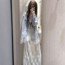 批发宽松百搭时尚设计吊带<b class='q'>蕾丝</b>拼接修身蓝色长袖<b class='q'>衬衫</b>长款长裙白裙套装