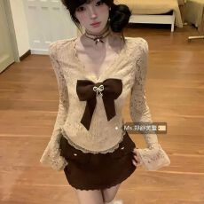 批发蕾丝上衣女套装裙秋冬修身款甜美辣妹风女装<b class='q'>两件套</b>时尚短裙秋冬款