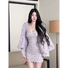 批发温柔气质紫色蕾丝<b class='q'>刺绣</b><b class='q'>连衣裙</b>女25年冬季毛毛披肩开衫套装